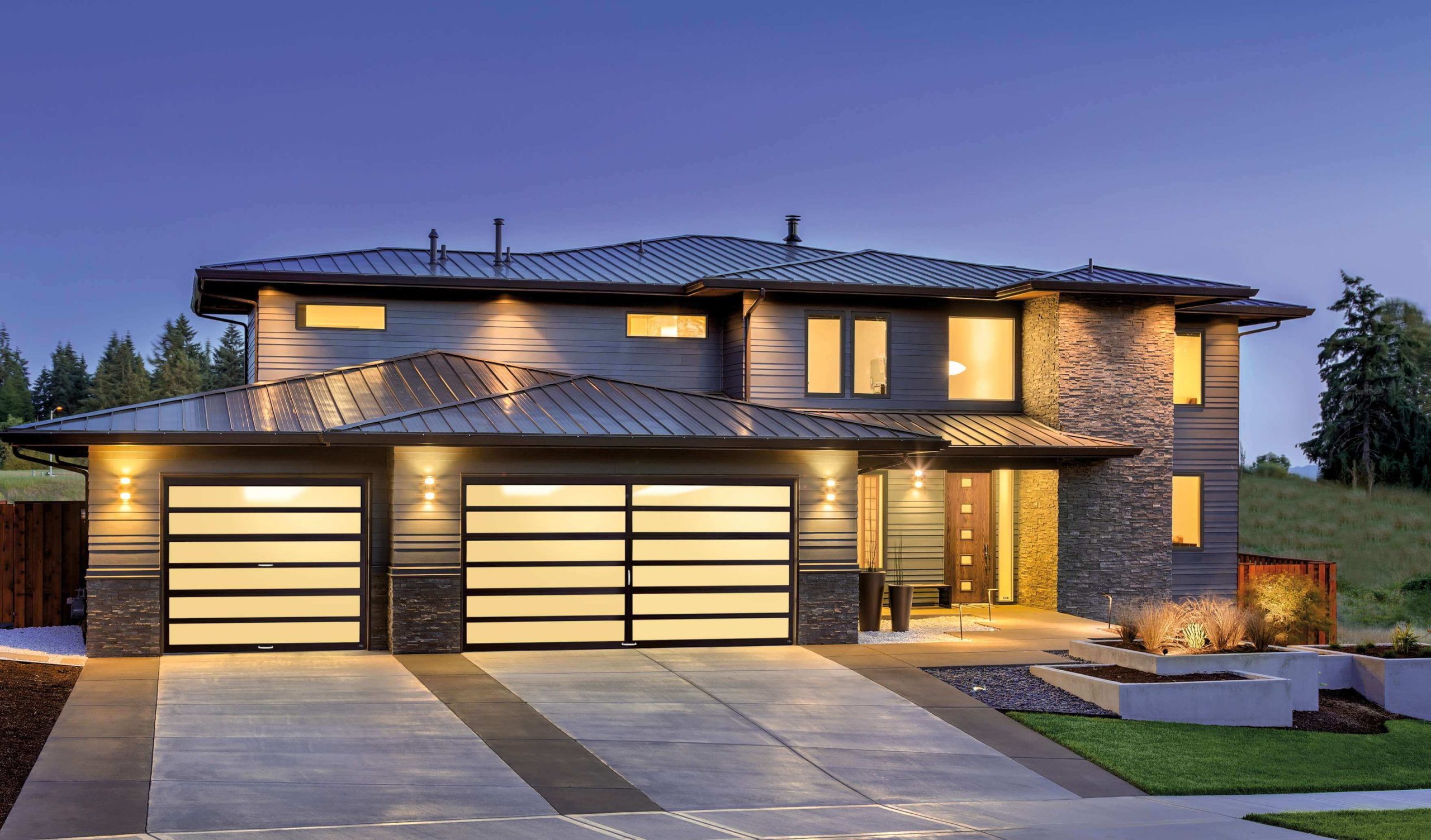 Modern home with contemporary garage doors